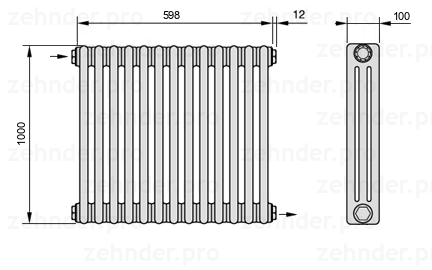 Схема (чертеж) Радиатор Zehnder Charleston 3100/13 №1670 Белый глянцевый RAL 9016